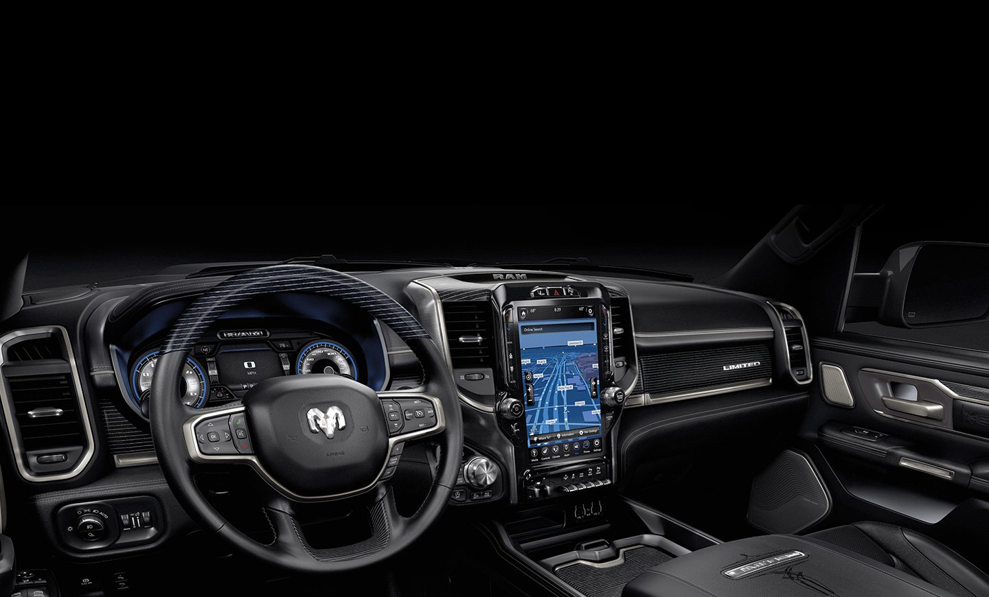 An interior view of the 2020 Ram 1500 focusing on the steering wheel and available 12-inch Uconnect 12.0 touchscreen.