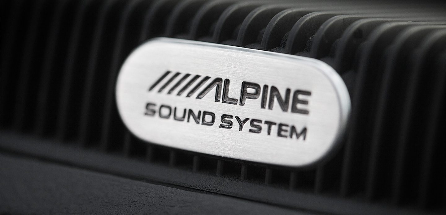 A close-up of an Alpine speaker on the Ram 1500.