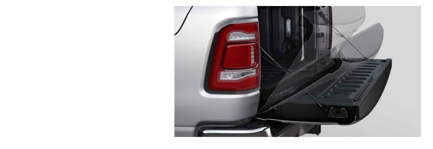 An illustration of the 2020 Ram 1500 tailgate lowering into a fully open position.