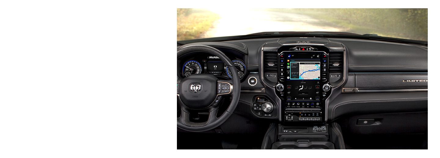 The Laramie Longhorn burned-in branding mark on the wood upper glove box of the 2020 Ram 1500 Laramie Longhorn.