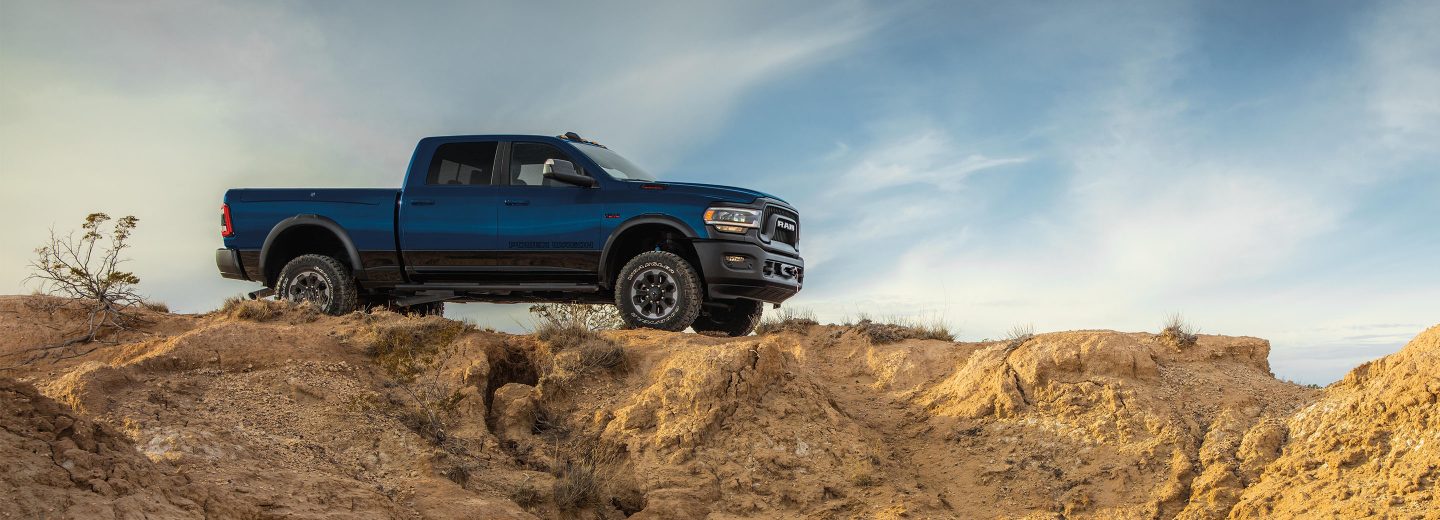 A three-quarter profile of the 2022 Ram 2500 parked in a garage.