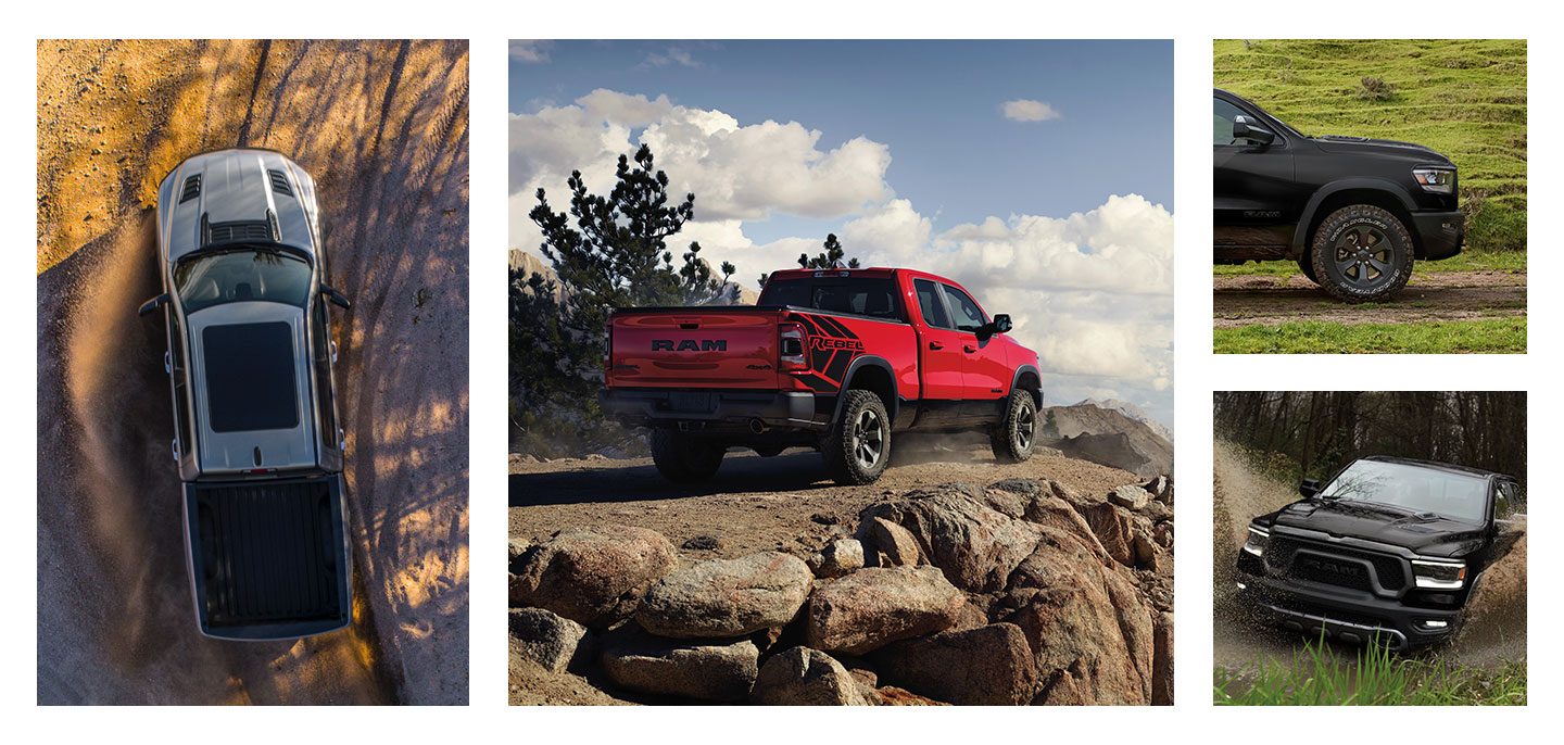 A collection of four images of the 2020 Ram 1500 Rebel in a variety of rugged settings.
