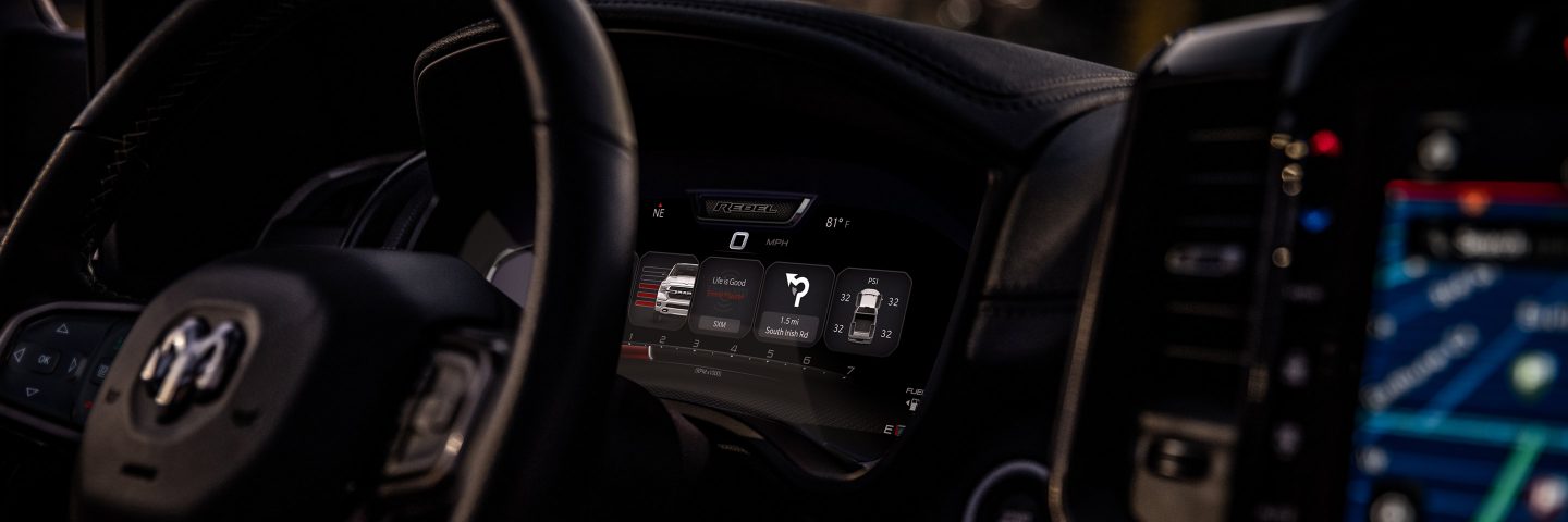 A close-up of the Driver Information Digital Cluster Display in the 2023 Ram 1500.