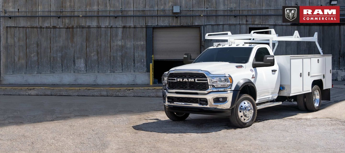 A white 2023 Ram 4500 Tradesman 4x4 Regular Cab with a utility upfit. Ram Commercial Truck Season.