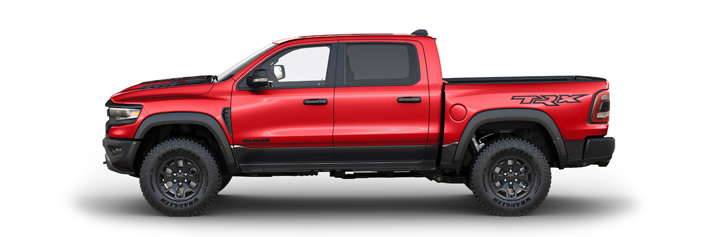 A slider with a toggle that switches between an exterior profile of the 2023 Ram 1500 TRX and an under-the-skin version of the truck's frame.