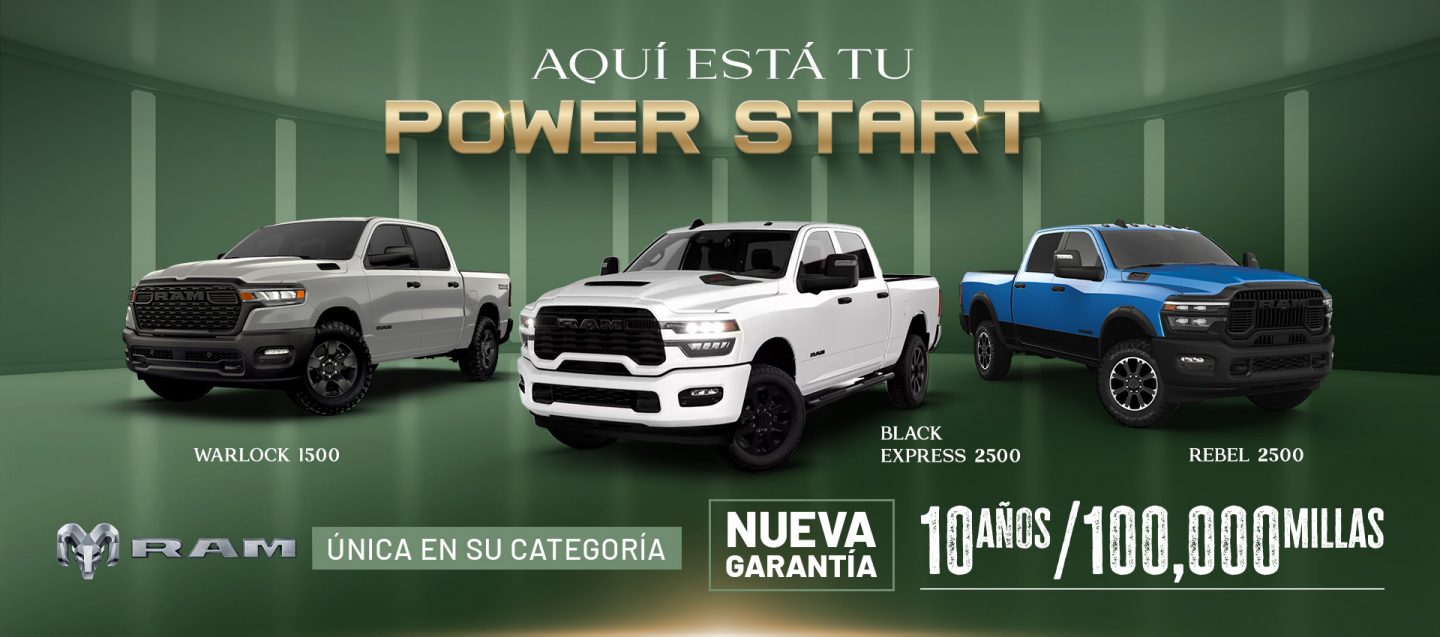 Logo del evento de Power Start Event con Ram Warlock, black express, rebel 2500 . Logo de 10 años & 100,000 millas y fotos del motor, interiores, pantalla tactical, pad Wireless doble pad enseñando dos teléfonos.
