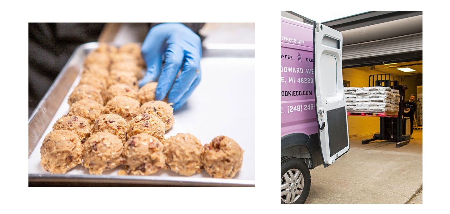 The Detroit Cookie Company Ram ProMaster van at a loading dock with rear doors opened wide, to load a pallet of materials.