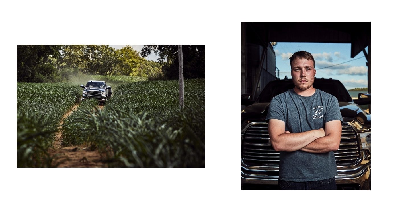 A Ram 2500 being driven along a dirt track in a field. A man standing in front of a Ram 2500 with his arms crossed.
