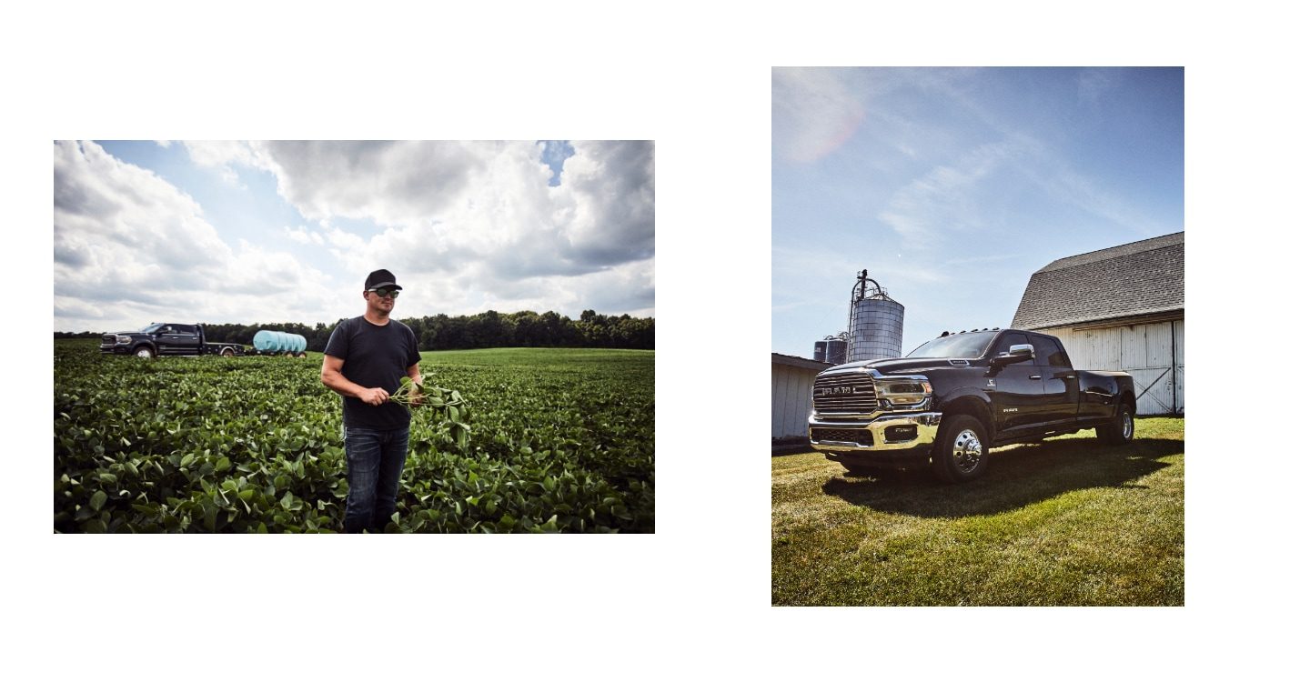 A farmer in a field with a Ram 2500 in the background. A Ram 2500 parked in front of a barn.