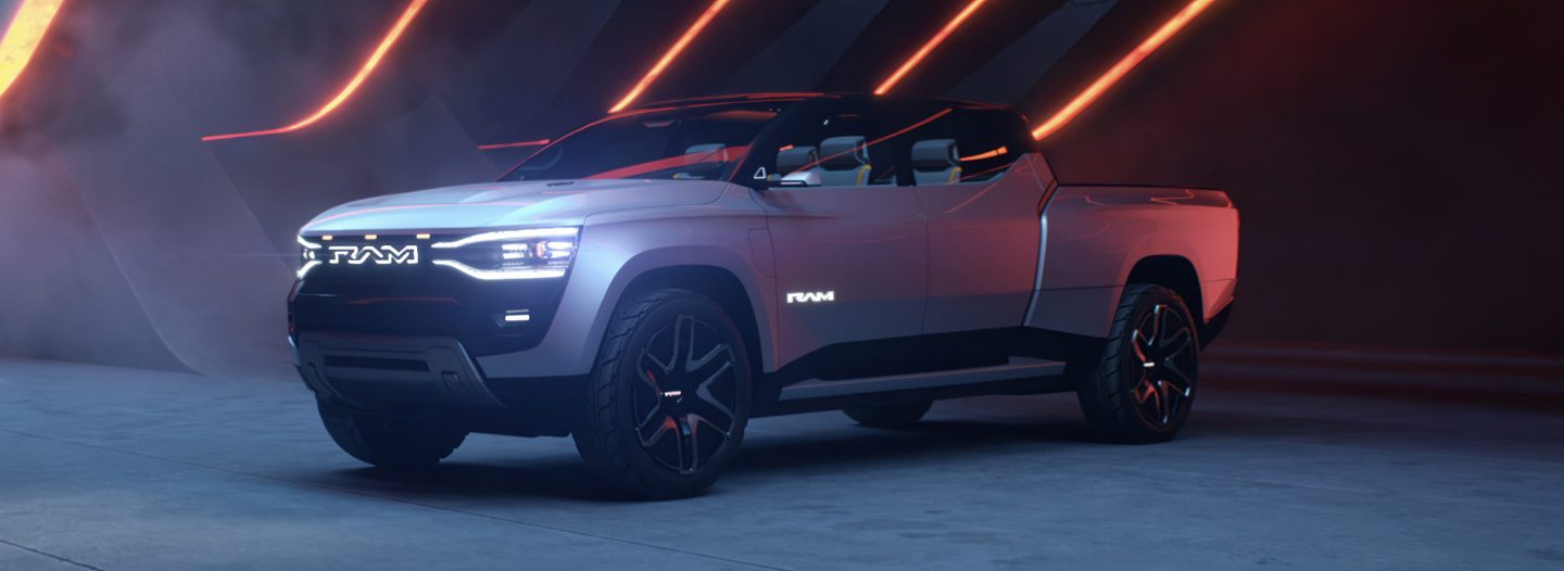 An angled profile of the Ram Revolution Concept in a studio with a dramatic set design.