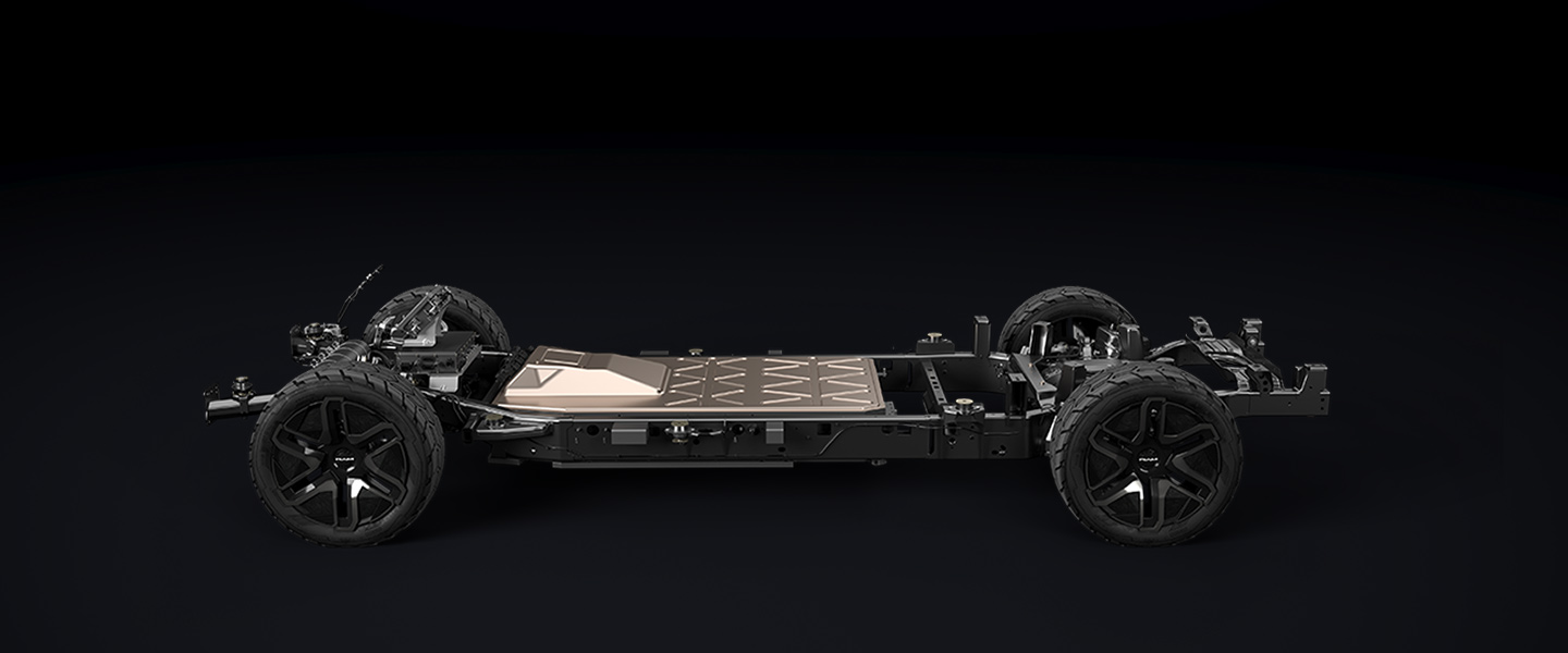 A slider that when pulled to the right reveals a driver-side profile of the Ram Revolution Concept exterior, and when pulled to the left reveals a profile of the Ram Revolution Concept frame platform.