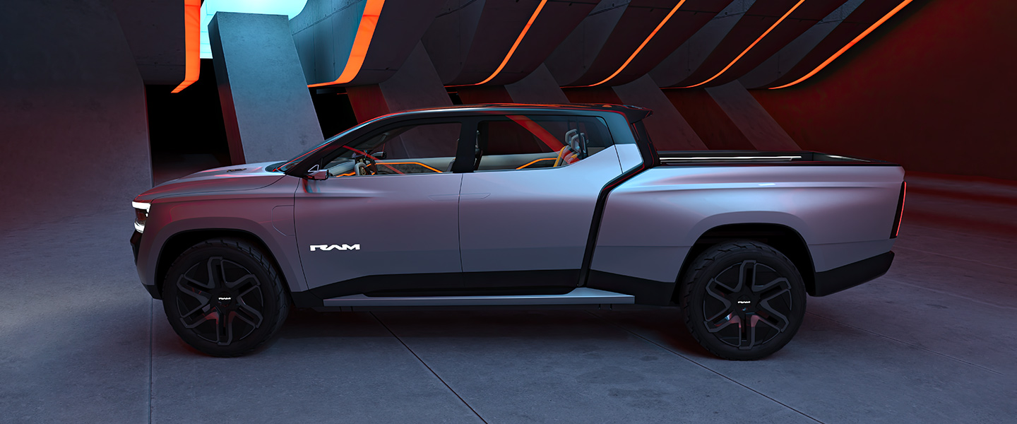 A slider that when pulled to the right reveals a driver-side profile of the Ram Revolution Concept exterior, and when pulled to the left reveals a profile of the Ram Revolution Concept frame platform.