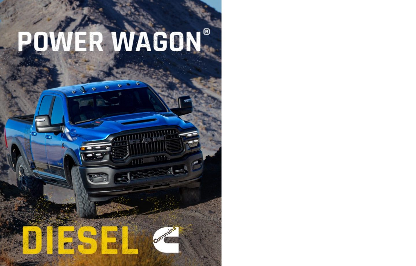 Una Ram 2500 Power Wagon 2027 para trabajo pesado de color azul subiendo un sendero todoterreno difícil. Power Wagon. Diésel. Cummins.