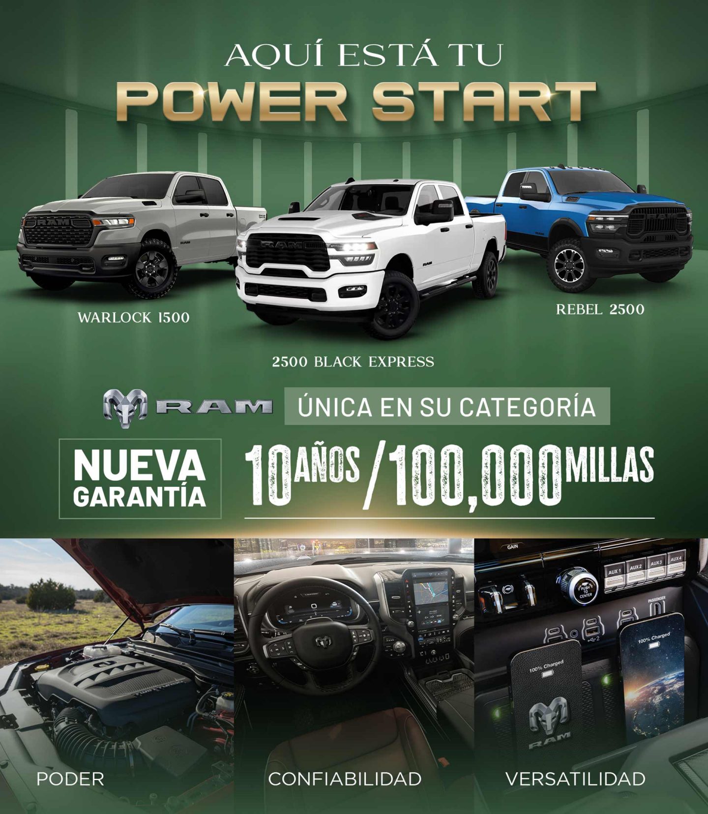 Logo del evento de Power Start Event con Ram Warlock, black express, rebel 2500. Logo de 10 años & 100,000 millas y fotos del motor, interiores, pantalla tactical, pad Wireless doble pad enseñando dos teléfonos.
