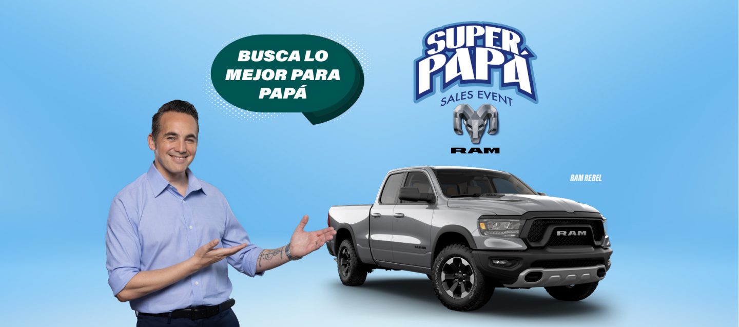 Logo del evento de “Super Papá” Sales Event. Guillermo Jose Torres junto a la Ram Rebel.