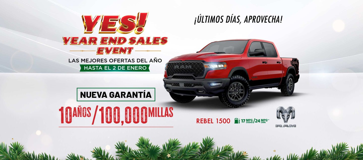 Logo de YES Event, con Ram Rebel 1500. Logo de 10 años & 100,000 millas y fotos de interiores, pantalla tactical, pad Wireless doble pad enseñando dos teléfonos.